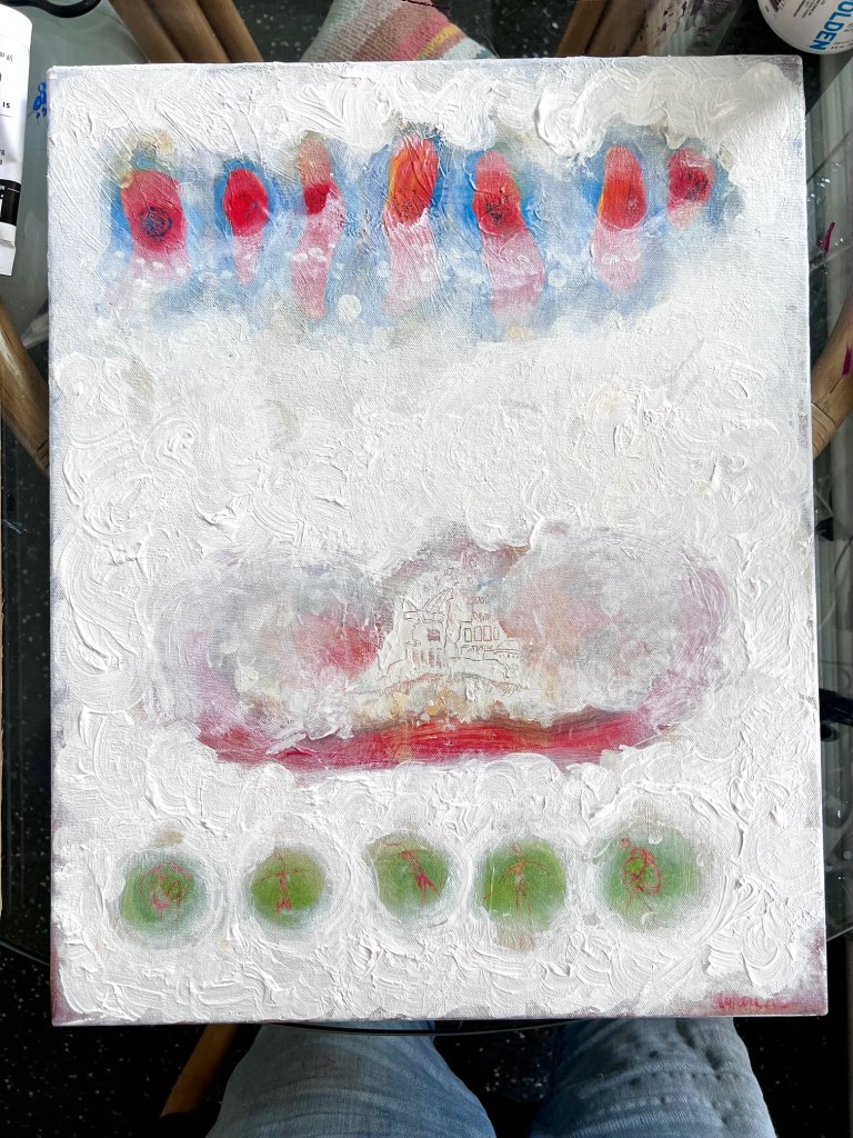 photograph of an abstract acrylic painting, predominantly white, with cloudlike shapes and colorful accents suggesting human, architectural, and abstract forms hovering amidst clouds.